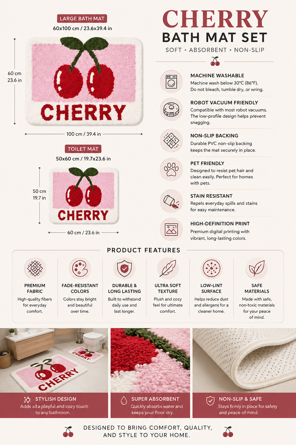 🍒 Cherry Bath Mat Set
